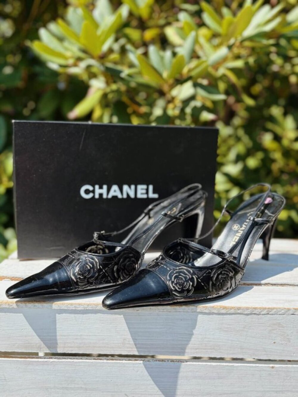 Chanel Camellia Floral Slingback Patent Leather Pumps - Size 41